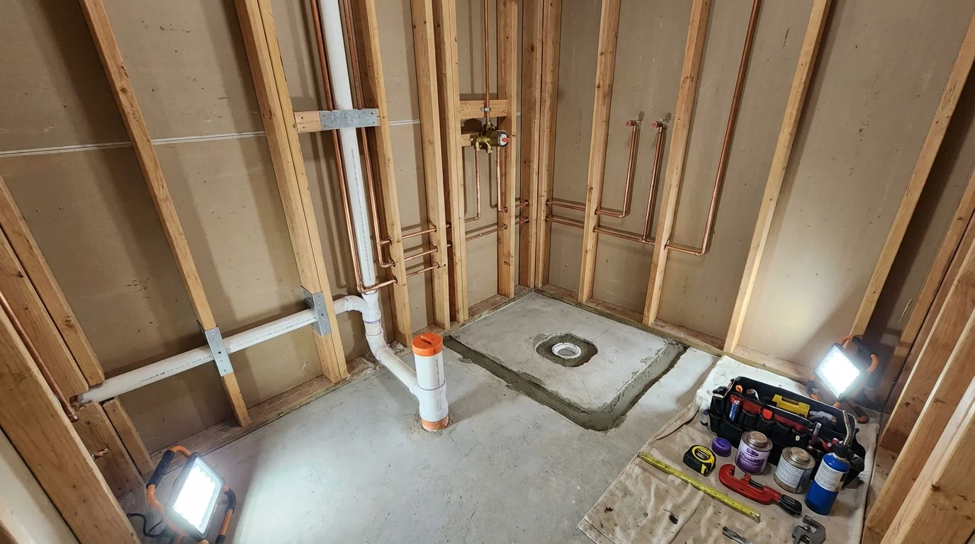 Bathroom rough-in plumbing during remodel by Johns Plumbing LLC in Alsip
