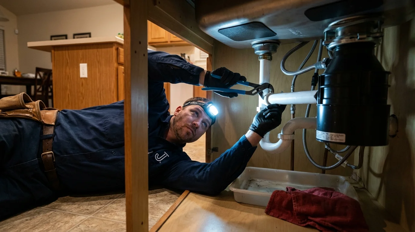 P-trap and supply line connections under a kitchen sink showing a common leak point in Alsip, IL